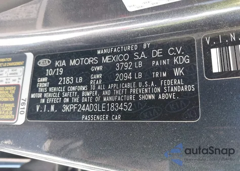 2020 Kia Forte Lxs from USA, damaged, VIN 3KPF24AD3LE183452